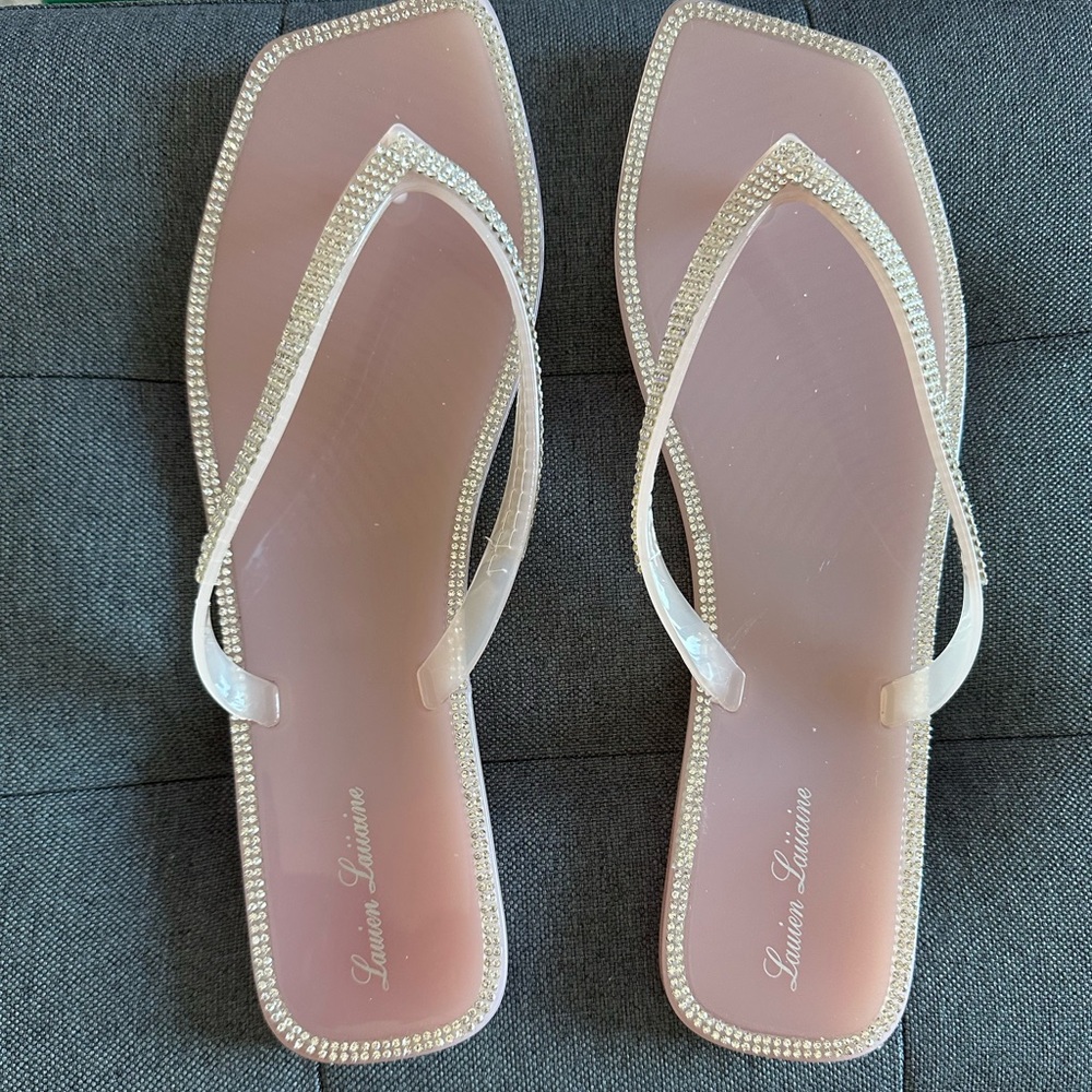 New Pink Tampa Flat Jelly Flip Flop Sandal with Rhinestone Embellishments